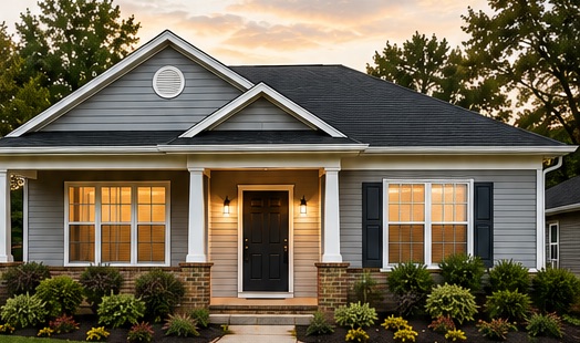 A well-kept single-story home with a front porch and garden